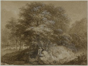 Schaduwrijk bosje met nimf zittend onder boom door Adam Friedrich Oeser