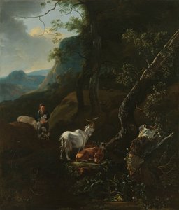 Een herderin met dieren in een bergachtig landschap door Adam Pijnacker