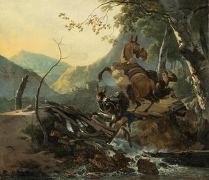 Een Italianiserend landschap met twee ezels die een instortende brug oversteken door Adam Pynacker