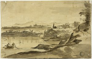 Landschap met visser in meer