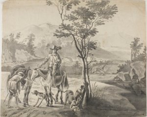 Ruiters en honden in rotsachtig landschap door Adam Pynacker