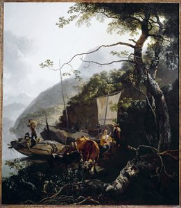 Zeilboot aanmeren op het strand van een meer, ca. 1660