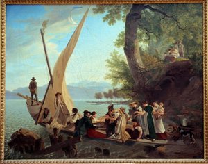 Inscheping van het bruiloftsfeest op een zeilboot door Adam Topffer