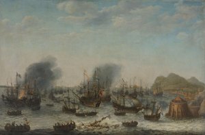 De nederlaag van de Spanjaarden bij Gibraltar door een Nederlandse vloot onder bevel van admiraal Jacob van Heemskerck, 25 april 1607