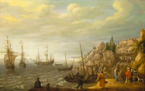 Nederlandse schepen voor anker bij een versterkte Scandinavische stad