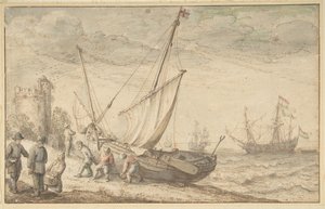Vissers trekken hun boot op de kust, n.d. door Adam Willaerts