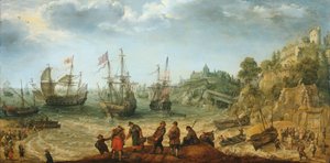 Schepen voor een rotsachtige kust