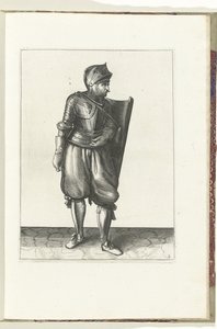 De exercitie met de targe en rapier: de soldaat brengt de targe van de rug over de linkerschouder (nr. 2), 1618 door Adam van Breen