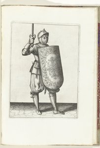 De exercitie met de targe en rapier: de soldaat houdt de getrokken rapier niet hoger dan zijn gezicht (nr. 5), 1618 door Adam van Breen