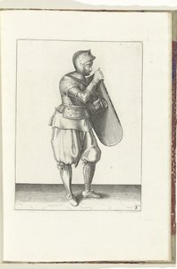 De exercitie met de targe en rapier: de soldaat houdt de targe vast met de rechterhand en grijpt met de linkerhand de riem (nr. 3), 1618 door Adam van Breen