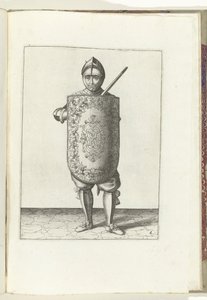 De exercitie met de targe en rapier: de soldaat houdt de targe voor de borst en de getrokken rapier tegen de linkerschouder (nr. 6), 1618 door Adam van Breen