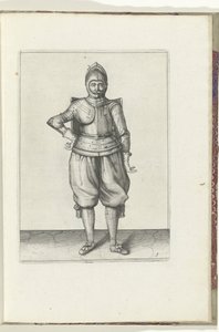 De exercitie met de targe en rapier: de soldaat in rust met de targe op de rug door Adam van Breen