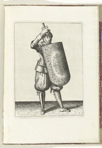 De exercitie met de targe en rapier: hoe de soldaat het vizier van zijn helm moet sluiten met de targe en de getrokken rapier in de hand (nr. 7), 1618 door Adam van Breen