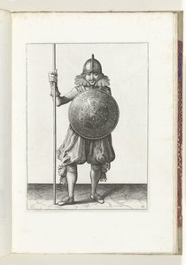 De exercitie met schild en spies: de soldaat brengt in drie tijden de spies weer terug in de rustpositie, derde beweging (nr. 12), 1618 door Adam van Breen