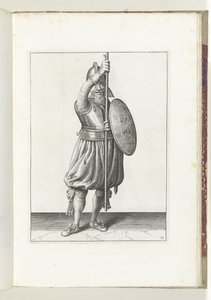 De exercitie met schild en spies: de soldaat brengt in drie tijden de spies weer terug in de rustpositie, tweede beweging (nr. 11), 1618 door Adam van Breen