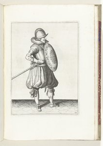 De exercitie met schild en spies: de soldaat brengt in twee tijden de spies in positie om te slepen, tweede beweging (nr. 14), 1618 door Adam van Breen