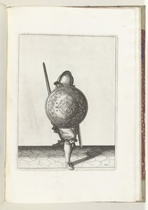 De exercitie met schild en spies: de soldaat in een verdedigende houding met een voet naar voren en met zijn rapier en schild op de knie voor het lichaam, gezien van voren (nr. 22), 1618 door Adam van Breen