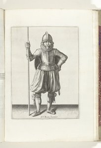 De exercitie met schild en spies: de soldaat in rust met de spies in de hand en het schild op de rug (nr. 1), 1618 door Adam van Breen