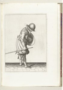 De exercitie met schild en spies: de soldaat legt de spies naast zijn rechtervoet op de grond (nr. 16), 1618 door Adam van Breen