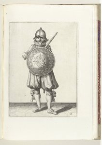 De exercitie met schild en spies: de soldaat staande in rust zijn rapier rustend op de linkerschouder achter het schild (nr. 23), 1618 door Adam van Breen
