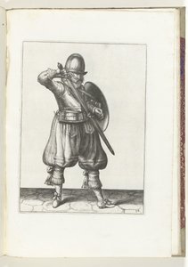 De exercitie met schild en spies: de soldaat steekt zijn rapier terug in de schede (nr. 24), 1618 door Adam van Breen
