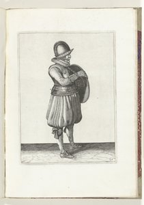 De exercitie met schild en spies: de soldaat trekt zijn arm uit de riem van het schild (nr. 25), 1618 door Adam van Breen