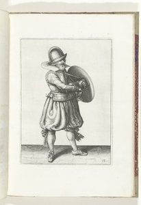 De exercitie met schild en spies: de soldaat trekt zijn rapier van achter zijn schild (nr. 18), 1618 door Adam van Breen