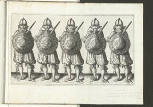 De exercitie met schild en spies: vijf soldaten staande naast elkaar in het gelid met de rapier in de rechterhand en het schild voor de borst (nr. 32), 1618 door Adam van Breen