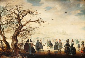 Duits: Wintervergnügen Winterlandschap met elegante figuren die schaatsen door Adam van Breen