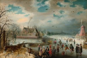 Schaatsen op de bevroren Amstel, 1611 door Adam van Breen