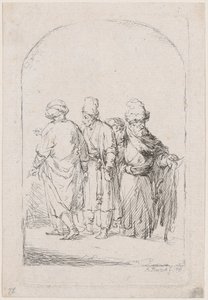 Groep van vier staande mannen in oosterse kleding