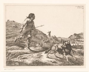Herder achtervolgt een wolf door Adam von Bartsch