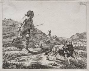 Herder die een wolf achtervolgt door Adam von Bartsch