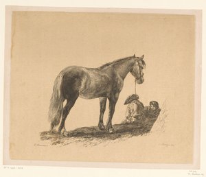 Staand paard met twee op de grond zittende mannen door Adam von Bartsch