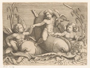 Drie putti met dolfijnen