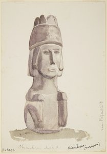 2 ft hoge stenen beeld van een menselijk hoofd uit Chicualoque, nabij Papantla door Adela Breton