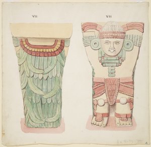 Kariatide uit de buitenkamer, Tempel A, balspelbaan, Chichen Itza, Mexico door Adela Breton