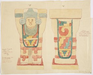 Kariatide van de buitenkamer, Bovenste Tempel van de Jaguars (Tempel A), balspelbaan, Chichen Itza door Adela Breton
