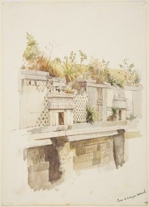 Casa de Monjas, Uxmal, Mexico, schilderij van de bovenverdieping van de ruïnes