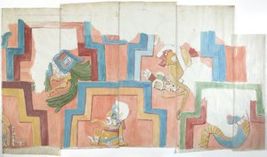 Kopie van de stucgevel van de tempel op de piramide in Acanceh door Adela Breton