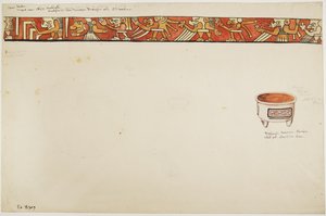 Binnenrand van een driepootvaas (met groteske figuren) en een witte pot met ontwerpen in rechthoeken door Adela Breton