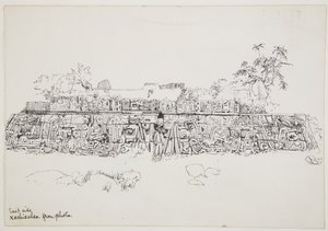 Schilderij van een geschilderd reliëf van de Tempel van de Gevederde Slang Xochicalco, Mexico (oostzijde van het onderste terras) door Adela Breton