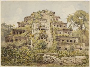 Schilderij van verwoeste tempel (Piramide van de Nissen) in El Tajin, Papantla, Mexico
