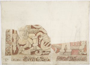 Deel van een altaar in de Bovenste Tempel van de Jaguars, Tempel E, Chichen Itza, Mexico door Adela Breton