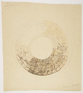 Potdeksel uit Belize (voorheen Brits Honduras) Circulair ontwerp, waarvan een deel ontbreekt, toont een ontwerp met figuren van mannen, glyphs enz.