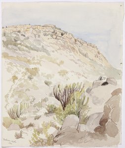 Resten van de vestingmuren op een heuveltop in Mitla, Oaxaca door Adela Breton