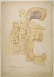 Ruïnes/stenen reliëfs bij de tempel in Uxmal, Mexico Gesneden hoofd, rijkelijk versierd (aquarel) door Adela Breton