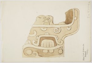 Ruïnes/stenen reliëfs bij de tempel in Uxmal, Mexico Afbeelding van een deel van stenen gravure (aquarel) door Adela Breton