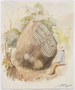 Stenen reliëf - Jaleaca, Guerrero, Mexico, toont een man die naar een grote ronde steen kijkt met ingesneden decoratie in een 
