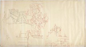 Overtrek van een muurschildering van Casa de Monjas, Chichen Itza, Mexico, overgetrokken en geïnkt in zwart en rood